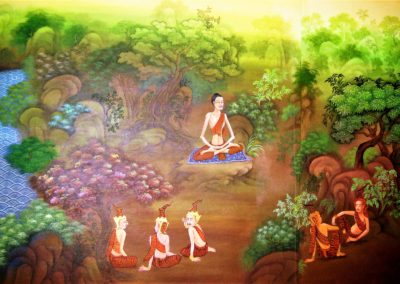 Buddha praktiserer streng askese beundret av fem asketer